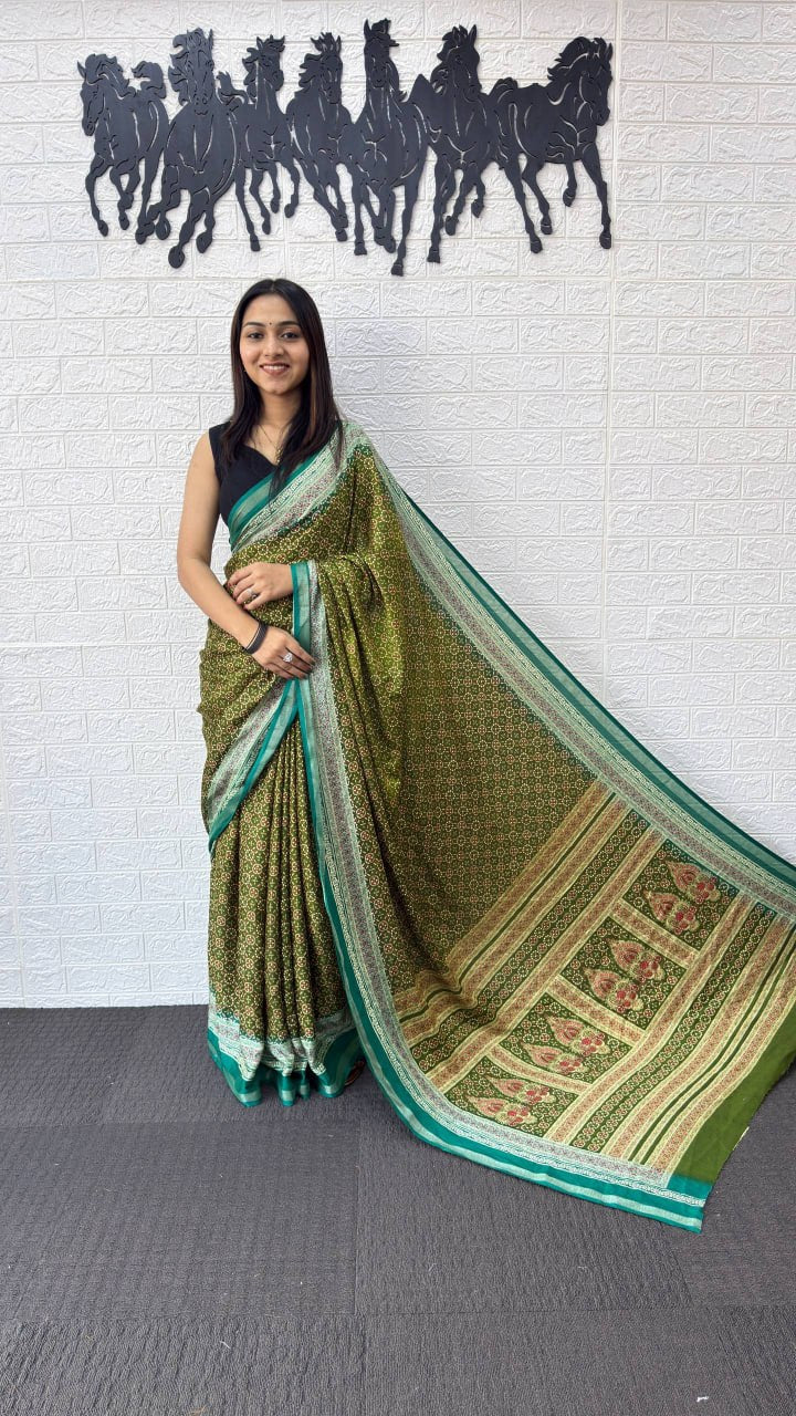 Olive Green Cotton Silk Saree with Teal Border & Traditional Printed Pallu