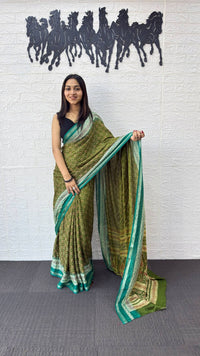 Olive Green Cotton Silk Saree with Teal Border & Traditional Printed Pallu