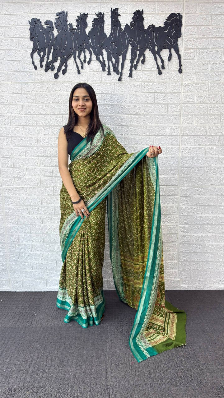 Olive Green Cotton Silk Saree with Teal Border & Traditional Printed Pallu
