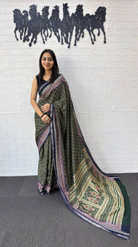 Elegant Forest Green Cotton Silk Saree with Vintage Floral Print & Designer Pallu