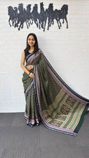 Elegant Forest Green Cotton Silk Saree with Vintage Floral Print & Designer Pallu