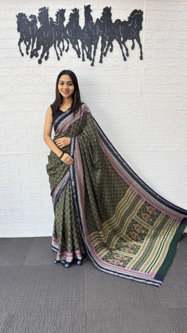 Elegant Forest Green Cotton Silk Saree with Vintage Floral Print & Designer Pallu