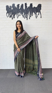 Elegant Forest Green Cotton Silk Saree with Vintage Floral Print & Designer Pallu