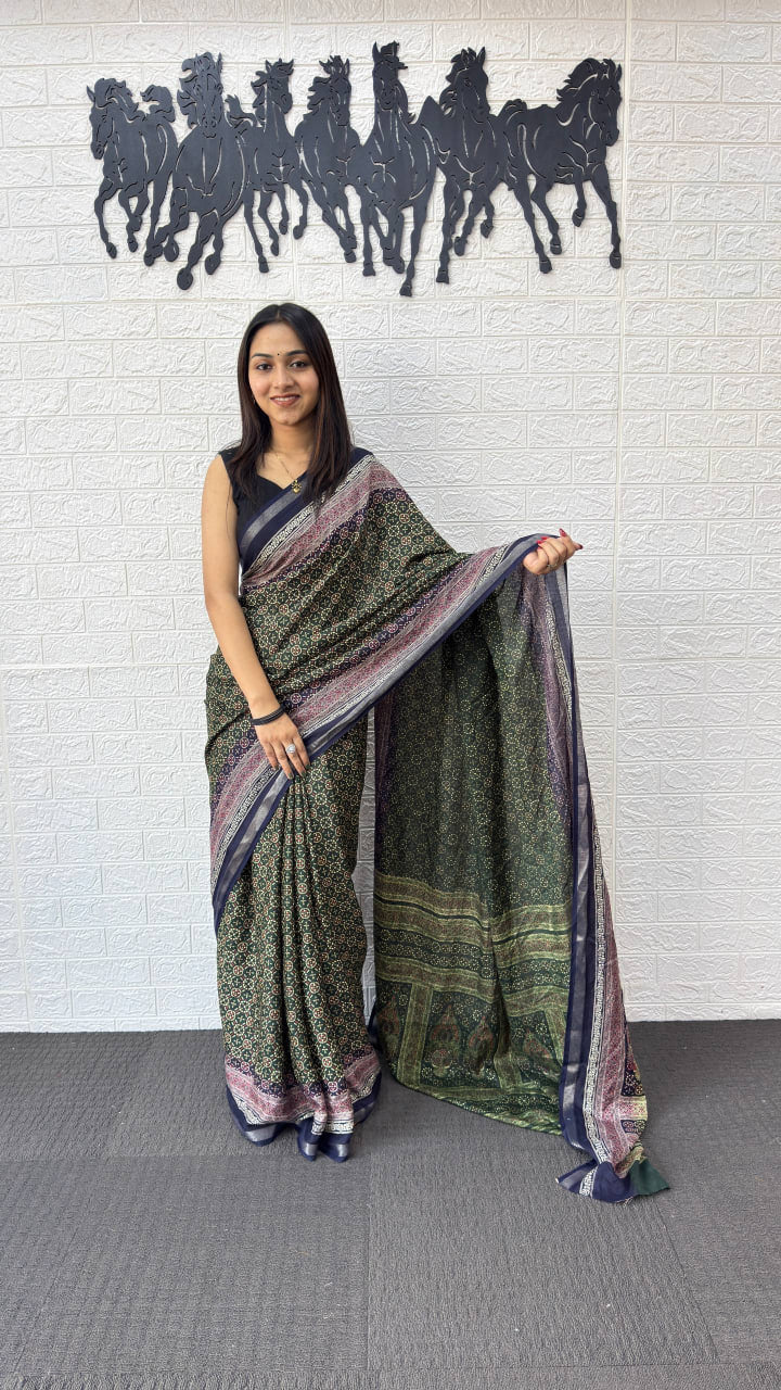 Elegant Forest Green Cotton Silk Saree with Vintage Floral Print & Designer Pallu