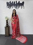 Royal Crimson Printed Soft Silk Saree with Elegant Traditional Border Design