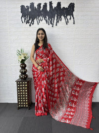 Royal Crimson Printed Soft Silk Saree with Elegant Traditional Border Design