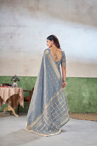 Steel Blue Banarasi Silk Saree with Silver Zari Weaving