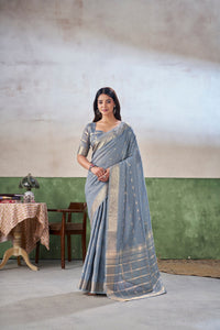 Steel Blue Banarasi Silk Saree with Silver Zari Weaving