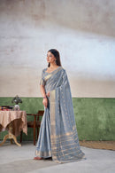 Steel Blue Banarasi Silk Saree with Silver Zari Weaving