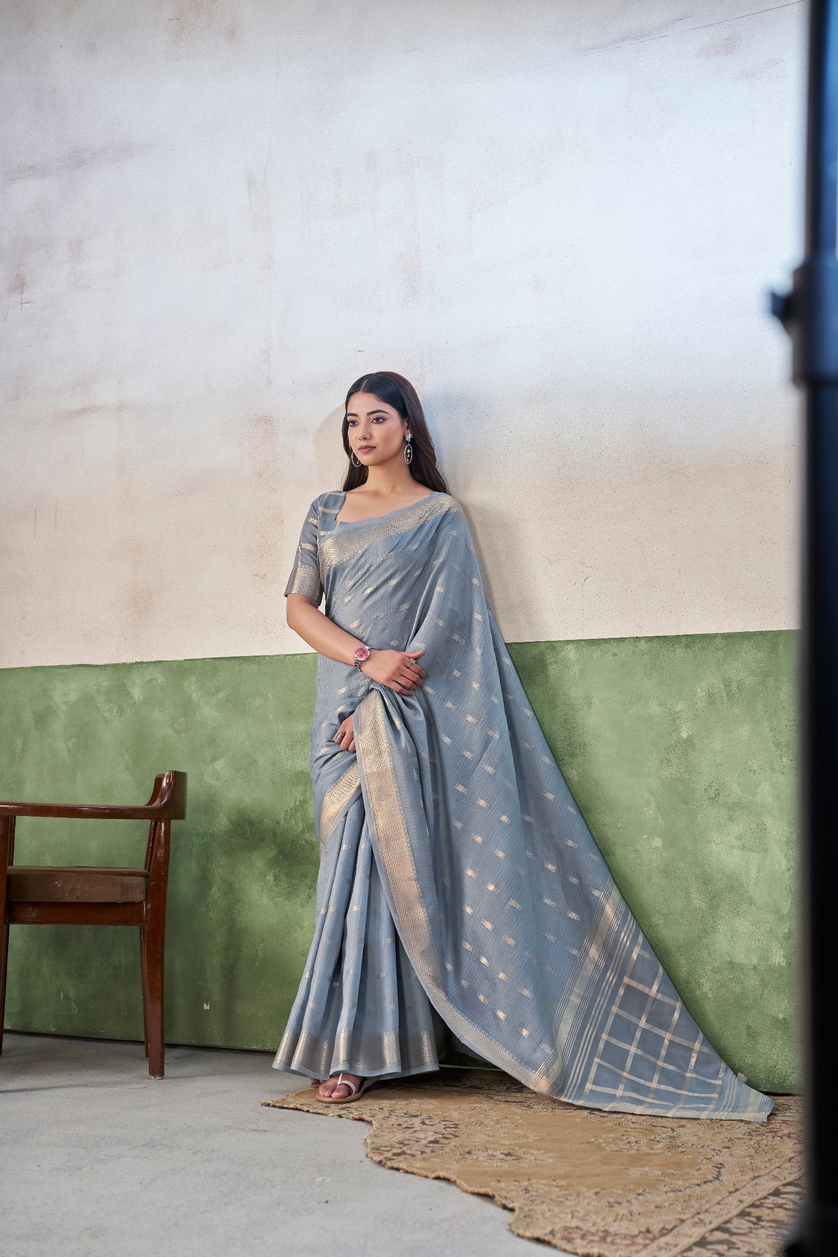 Steel Blue Banarasi Silk Saree with Silver Zari Weaving