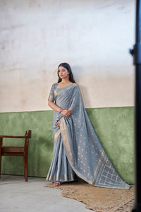 Steel Blue Banarasi Silk Saree with Silver Zari Weaving