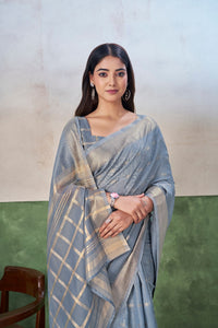 Steel Blue Banarasi Silk Saree with Silver Zari Weaving