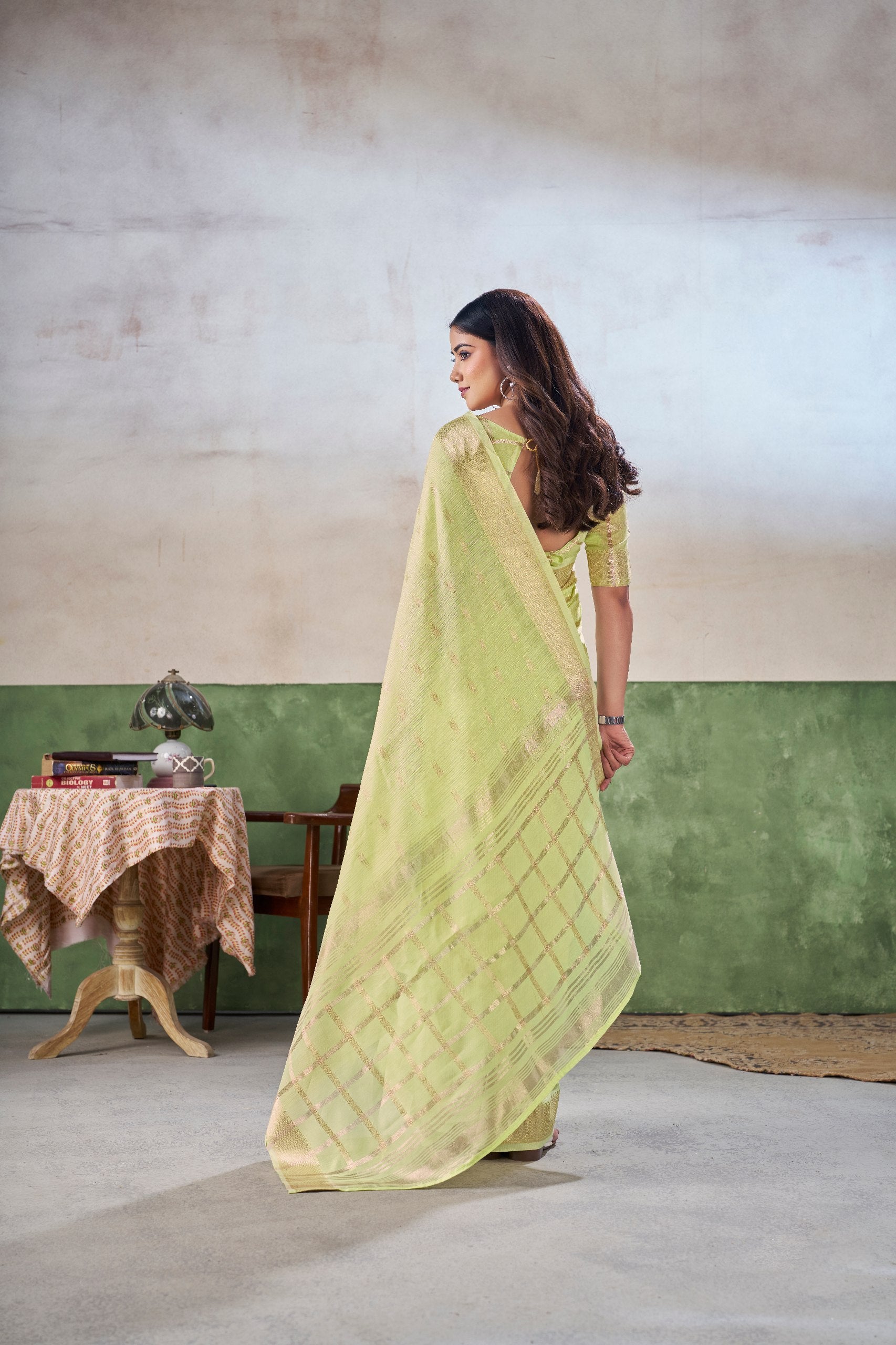 Pastel Lime Green Banarasi Silk Saree with Golden Zari Weaving
