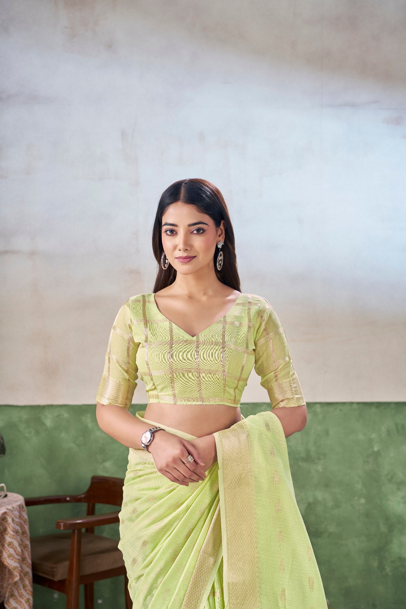 Pastel Lime Green Banarasi Silk Saree with Golden Zari Weaving