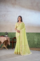 Pastel Lime Green Banarasi Silk Saree with Golden Zari Weaving