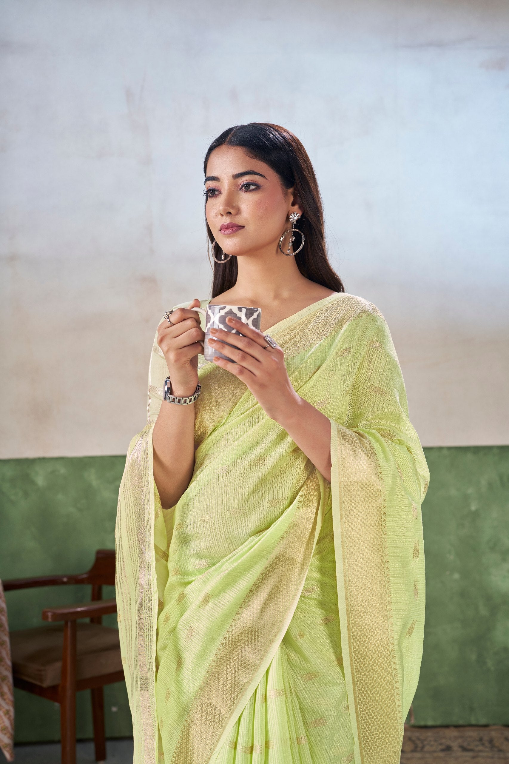 Pastel Lime Green Banarasi Silk Saree with Golden Zari Weaving