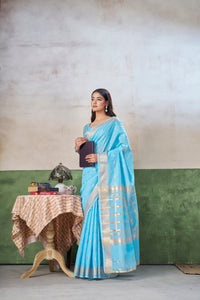 Aqua Blue Banarasi Silk Saree with Silver Zari Weaving
