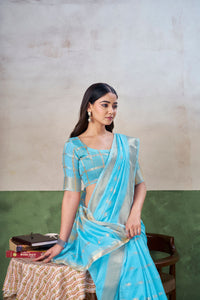 Aqua Blue Banarasi Silk Saree with Silver Zari Weaving