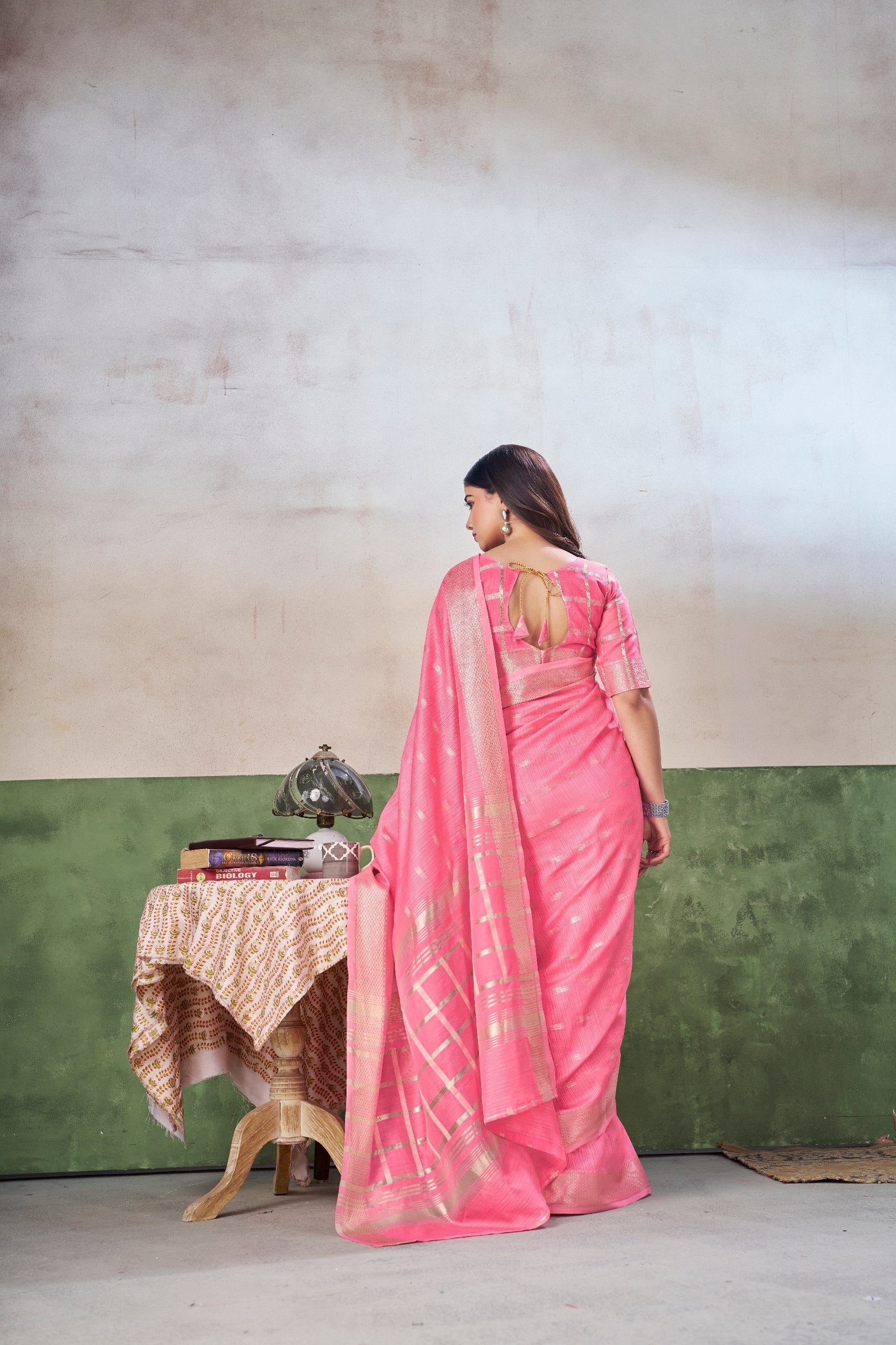 Candy Pink Banarasi Silk Saree with Golden Zari Weaving