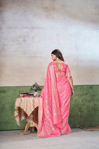 Candy Pink Banarasi Silk Saree with Golden Zari Weaving