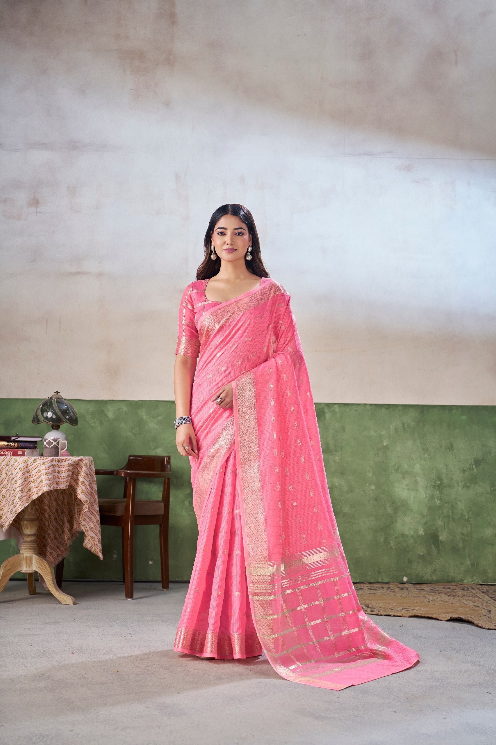 Candy Pink Banarasi Silk Saree with Golden Zari Weaving
