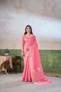 Candy Pink Banarasi Silk Saree with Golden Zari Weaving