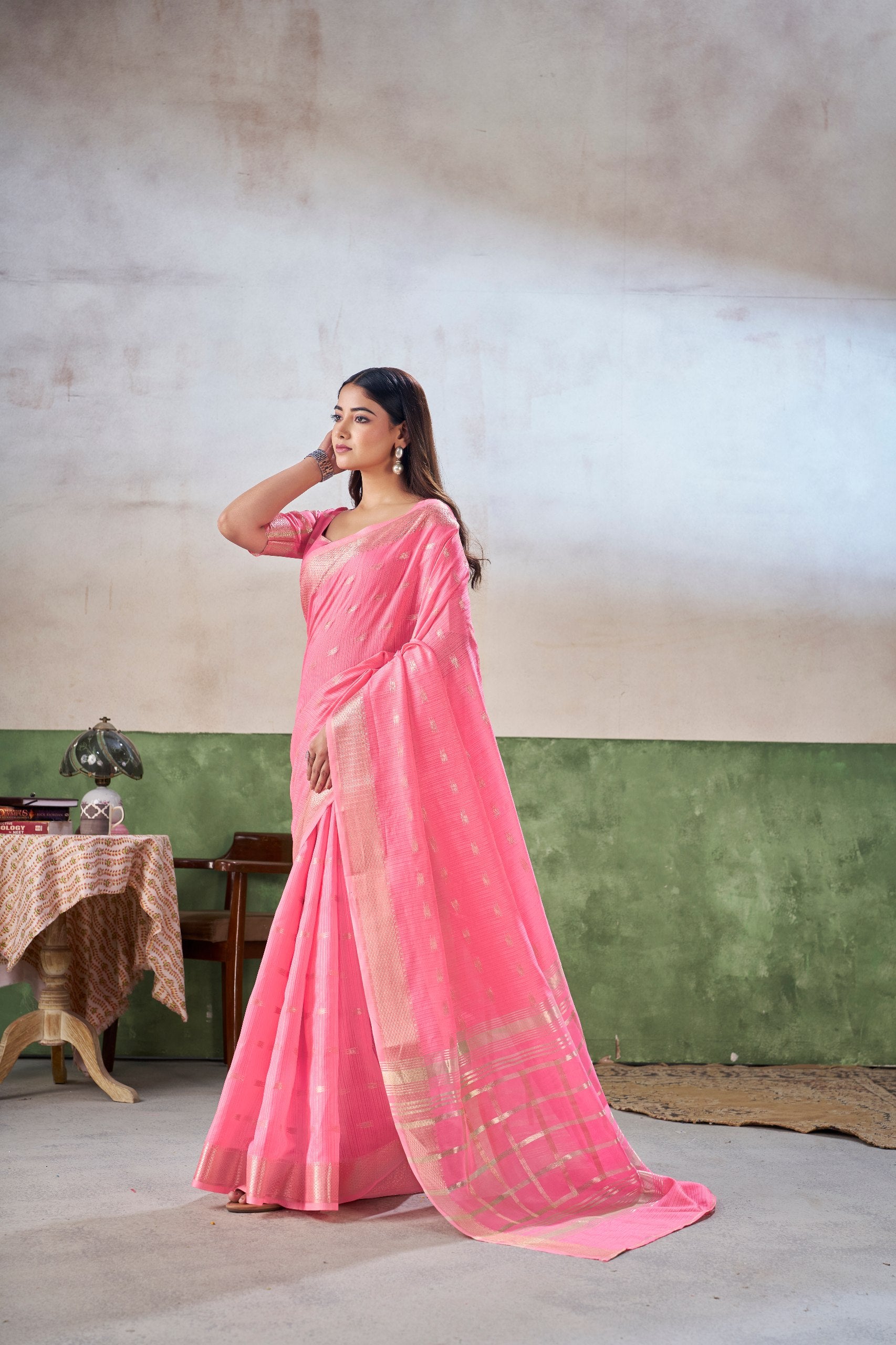 Candy Pink Banarasi Silk Saree with Golden Zari Weaving