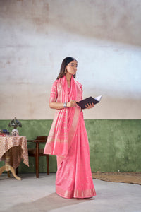 Candy Pink Banarasi Silk Saree with Golden Zari Weaving
