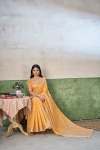 Sunshine Yellow Banarasi Silk Saree with Golden Zari Weaving