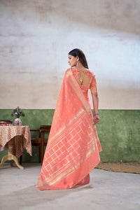 Coral Peach Banarasi Silk Saree with Golden Zari Weaving