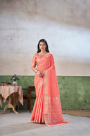 Coral Peach Banarasi Silk Saree with Golden Zari Weaving