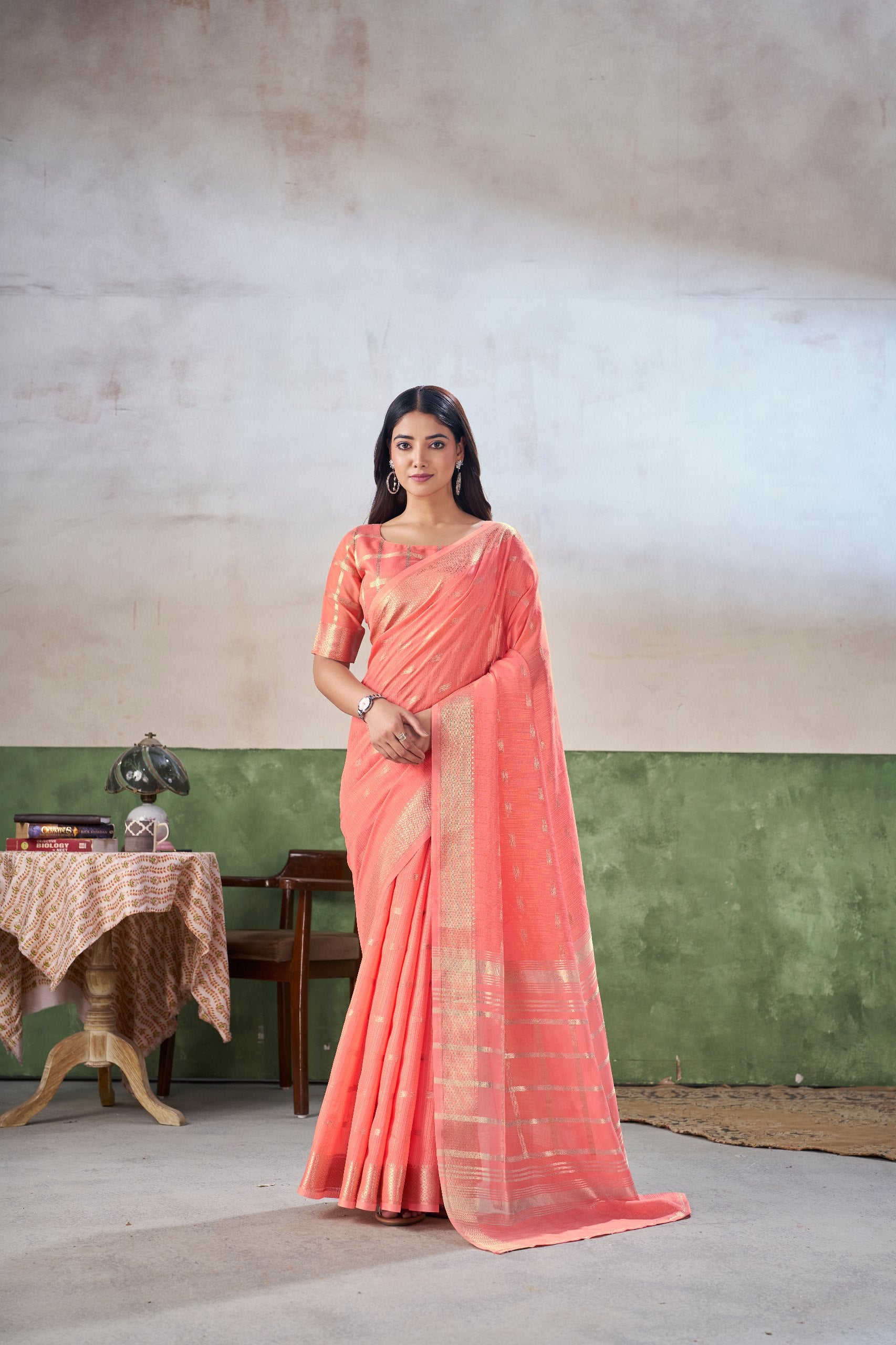 Coral Peach Banarasi Silk Saree with Golden Zari Weaving