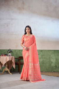 Coral Peach Banarasi Silk Saree with Golden Zari Weaving