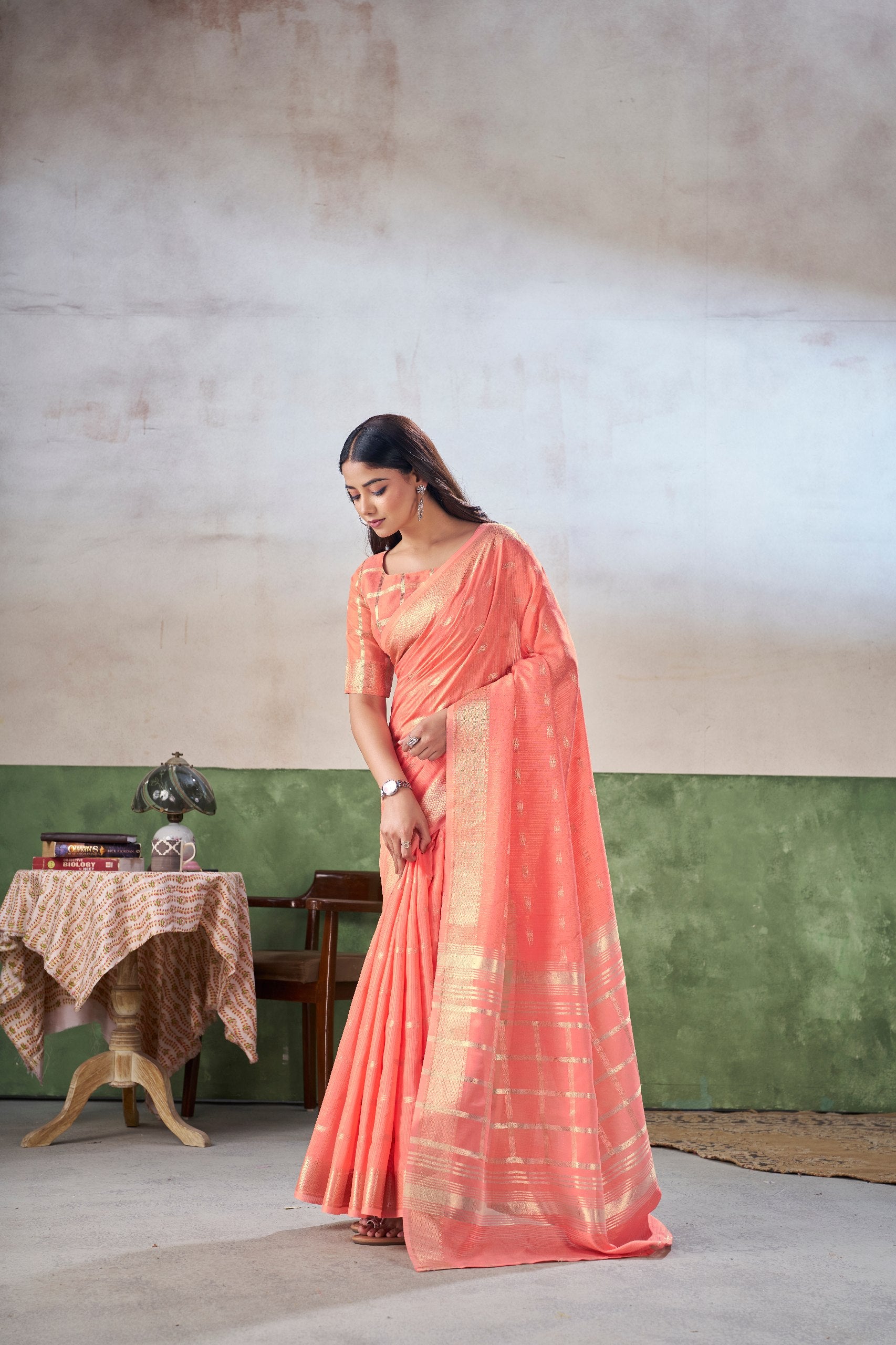 Coral Peach Banarasi Silk Saree with Golden Zari Weaving