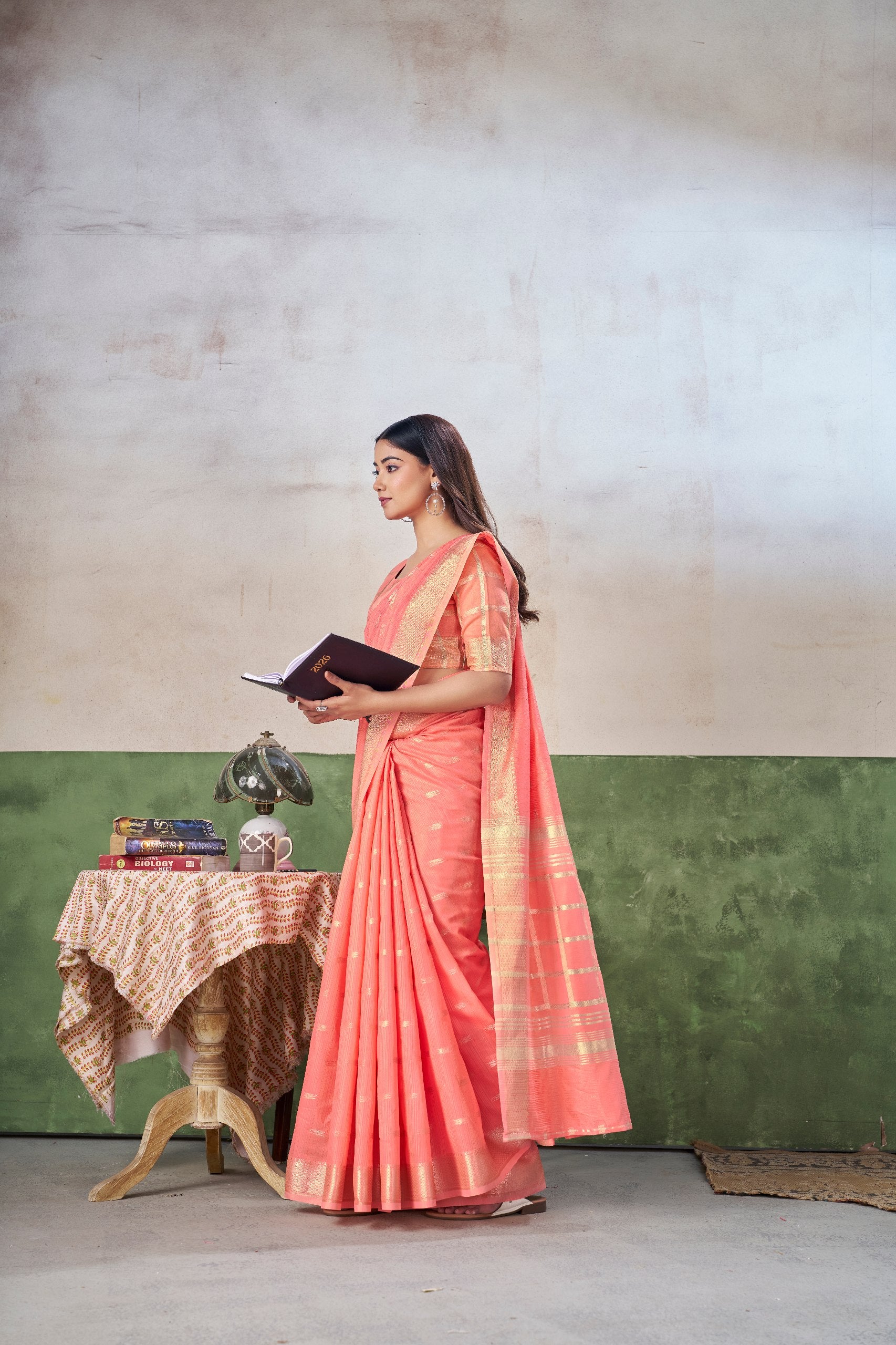Coral Peach Banarasi Silk Saree with Golden Zari Weaving