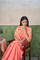 Coral Peach Banarasi Silk Saree with Golden Zari Weaving