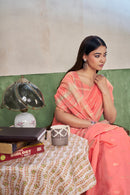 Coral Peach Banarasi Silk Saree with Golden Zari Weaving