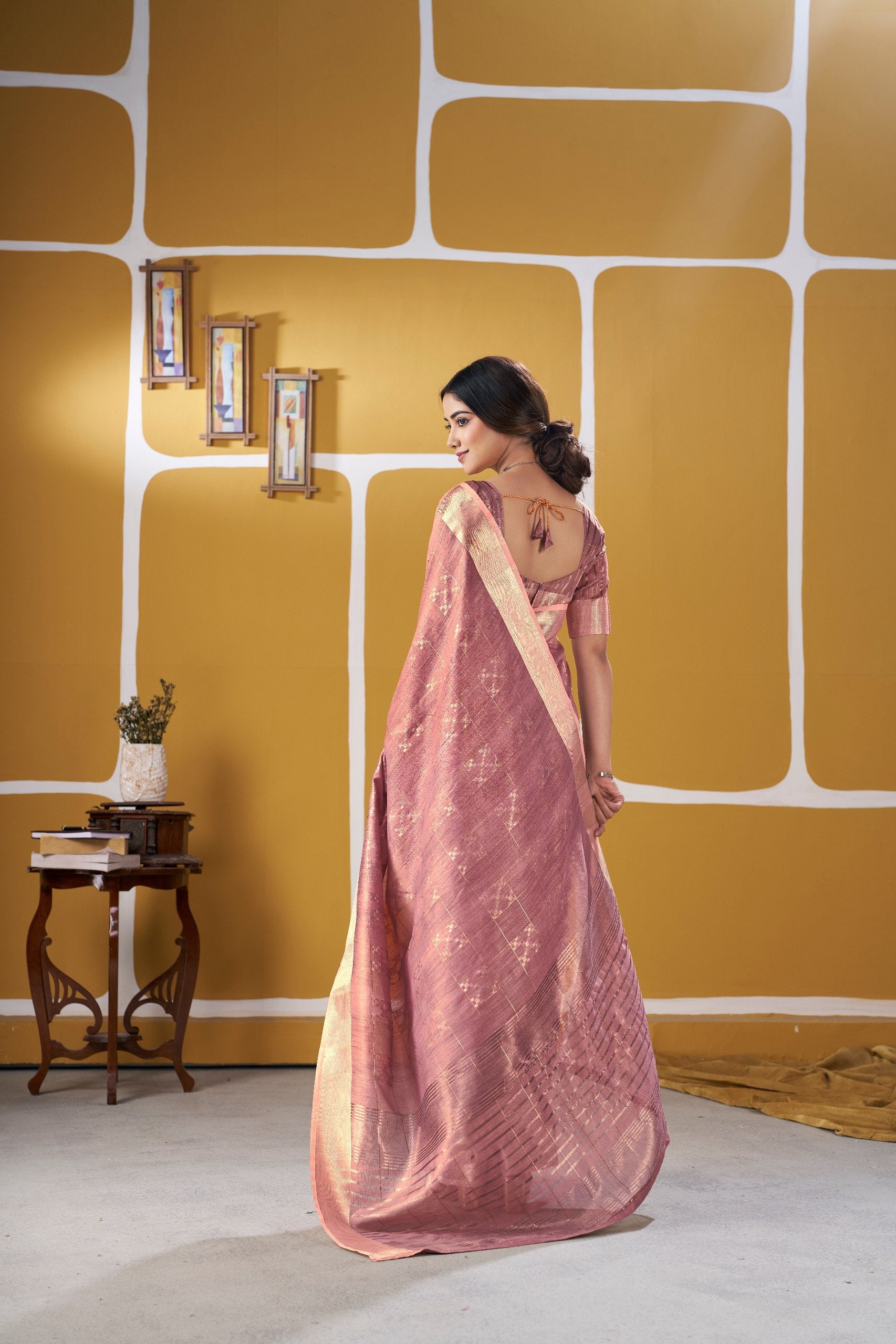Dusty Rose Banarasi Silk Saree with Golden Zari Weaving