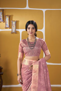 Dusty Rose Banarasi Silk Saree with Golden Zari Weaving