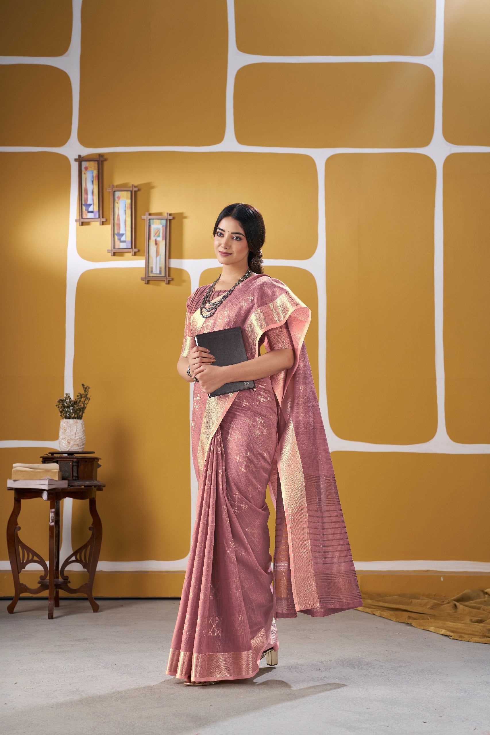 Dusty Rose Banarasi Silk Saree with Golden Zari Weaving