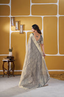 Elegant Metallic Grey Banarasi Silk Saree with Golden Zari Weaving