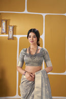 Elegant Metallic Grey Banarasi Silk Saree with Golden Zari Weaving