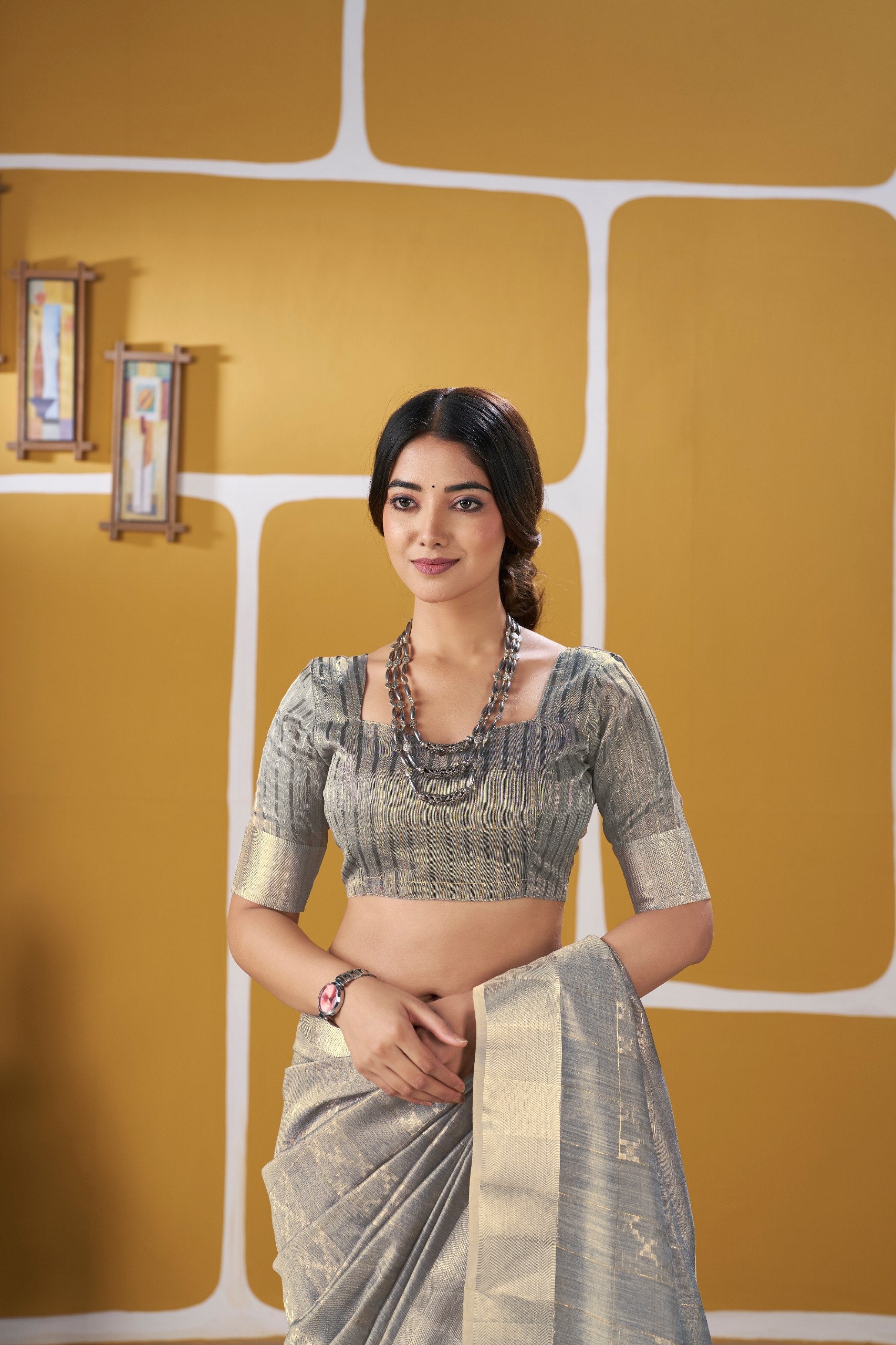 Elegant Metallic Grey Banarasi Silk Saree with Golden Zari Weaving