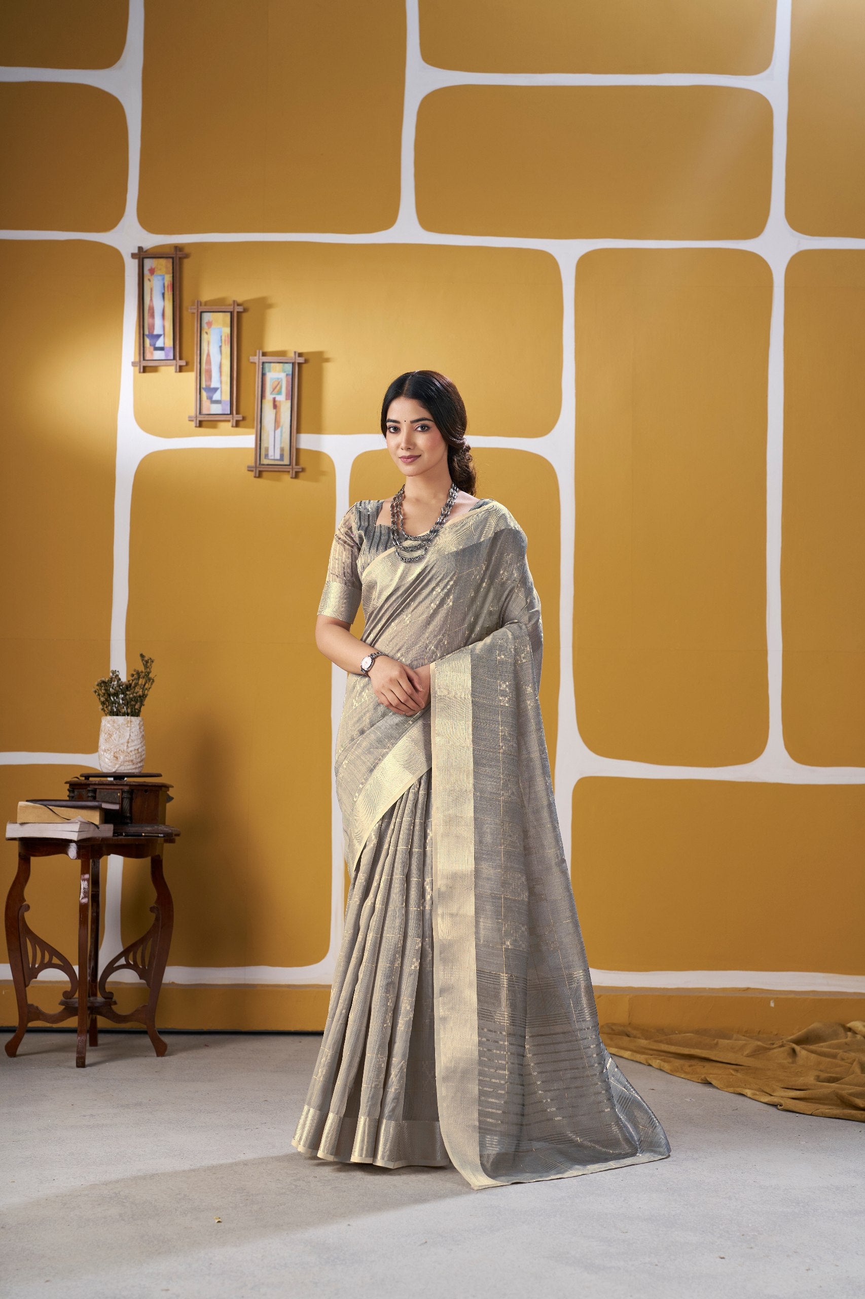Elegant Metallic Grey Banarasi Silk Saree with Golden Zari Weaving