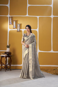 Elegant Metallic Grey Banarasi Silk Saree with Golden Zari Weaving