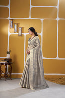 Elegant Metallic Grey Banarasi Silk Saree with Golden Zari Weaving