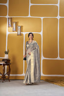 Elegant Metallic Grey Banarasi Silk Saree with Golden Zari Weaving