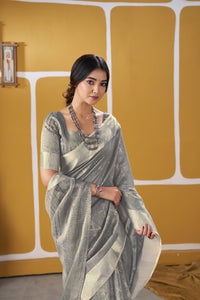 Elegant Metallic Grey Banarasi Silk Saree with Golden Zari Weaving