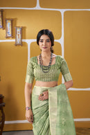 Pastel Pistachio Green Banarasi Silk Saree with Silver Zari Weaving