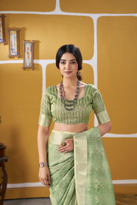 Pastel Pistachio Green Banarasi Silk Saree with Silver Zari Weaving
